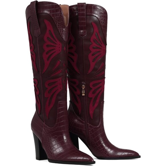 Women's Burgundy Pointed Toe Chunky High Heels Butterfly Cowgirl Boots Wide Calf - Picture 4 of 7